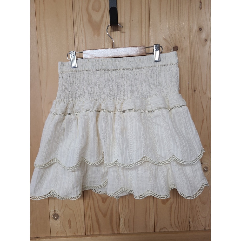 Free the Roses Mini Skirt Womens Medium Cream Good Tiered Boho Lace Smocked